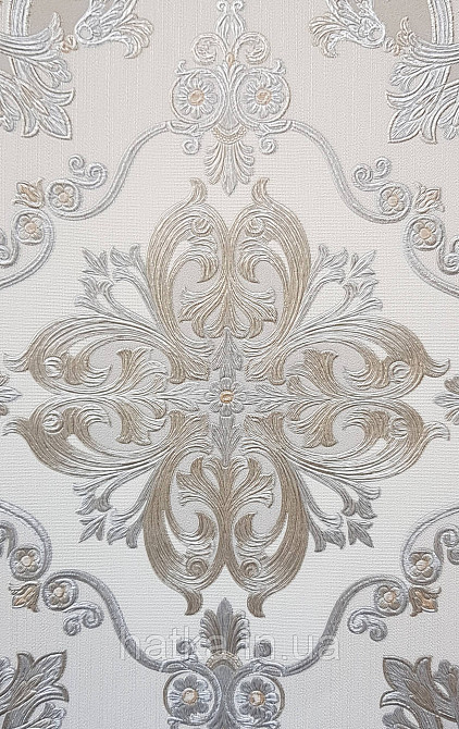 Шпалери вінілові на флізеліні AdaWall Seyyah 1.06х10 вензелю квіти фігури структурне золото срібло на білому Київ - фото 2