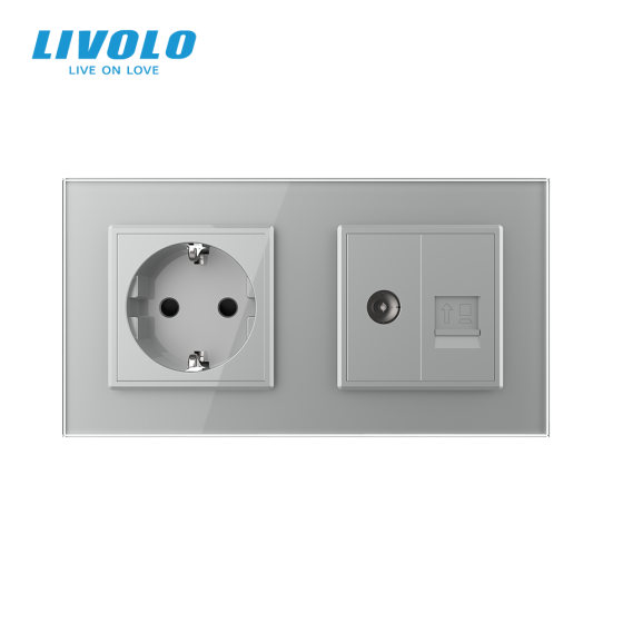 LIVOLO Розетка двомісна комбінована Силова Інтернет ТБ Livolo сірий скло (VL-C7C1EU1V1C-15) Коломия