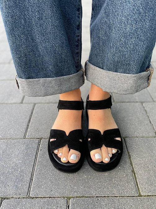 Соната Босоніжки жіночі чорні літні Соната Люба з натуральної замші / Босоніжки на низькому ход Коломыя - изображение 1