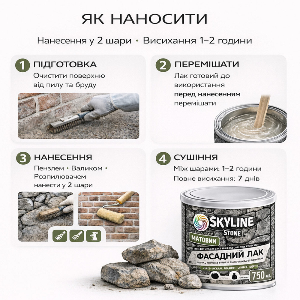 Фасадний акриловий лак для каменю та цоколю SkyLine Stone матовий прозорий 750 мл (натуральний фініш без блиску) Харків - фото 7