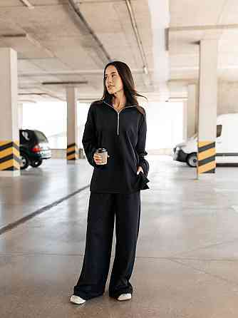 Женский повседневный оверсайз костюм двойка: кофта и штаны трикотаж пума рубчик Черный Одесса