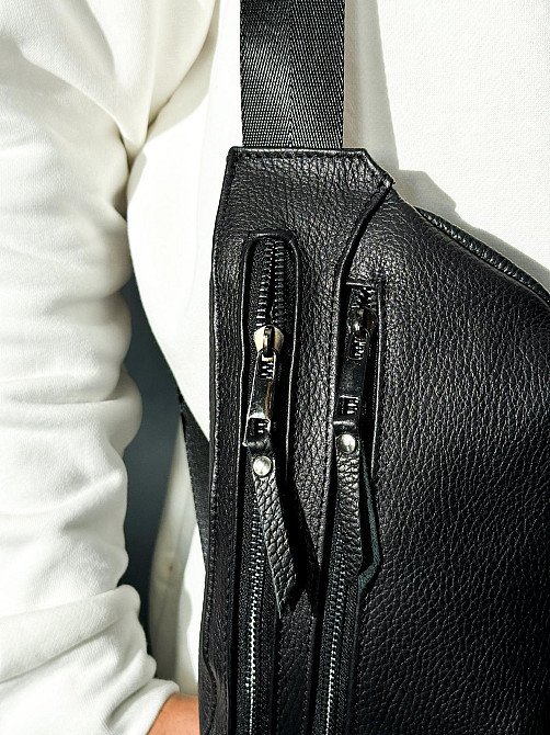 Бананка із натуральної шкіри, шкіряна сумка на пояс SKILL Two Line (Чорна) Суми - фото 2