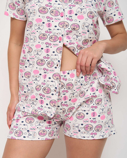 Женская пижама комплект рубашка с шортиками - коты и вишенки Nicoletta 60184 XL Киев - изображение 2