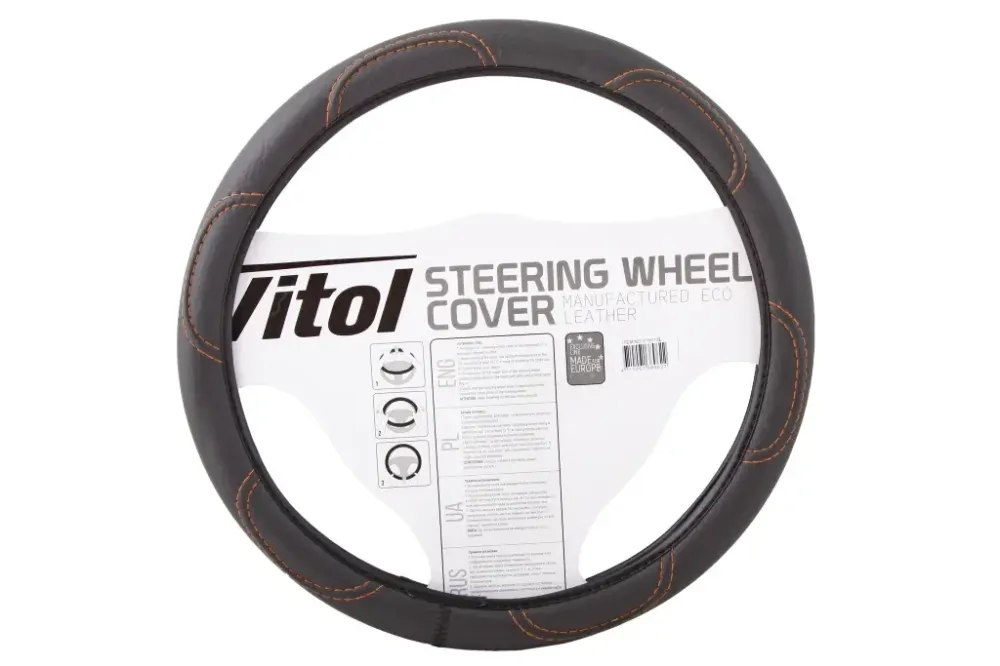 Оплетка на руль L Vitol F-16113-L черный под кожу (коричневая нить) Винница - изображение 2