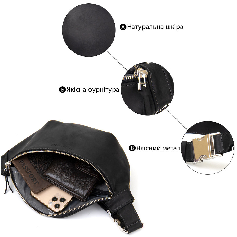 Бананка поясная унисекс винтажная Grande Pelle 11144 Черная Киев - изображение 4