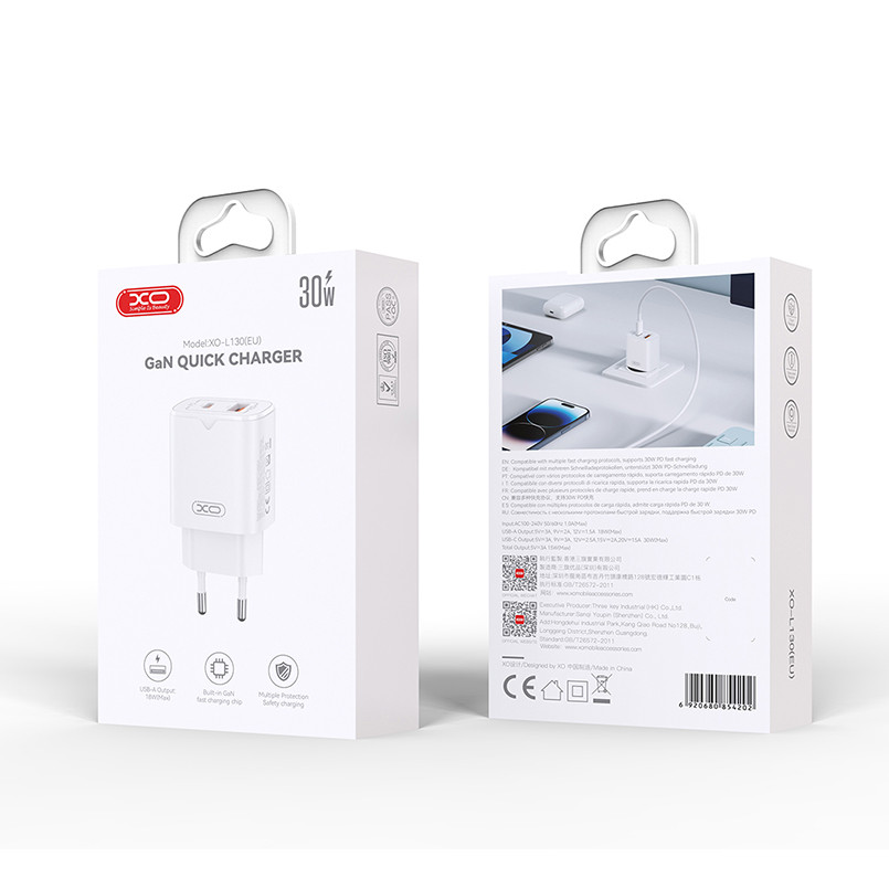 Мережевий зарядний пристрій XO L130 PD30W/QC18W 1USB-C+1USB-A білий Львів - фото 7