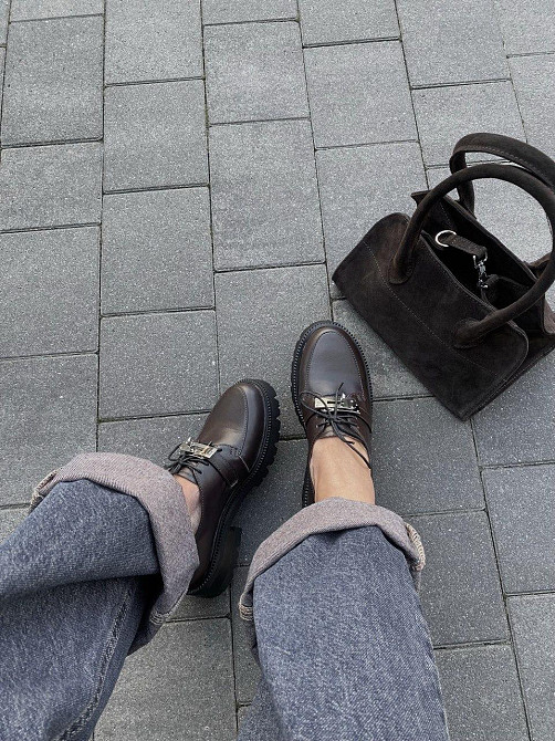 Nikos Туфлі жіночі на низькому ходу класичні з натуральної шкіри на шнурках 2129 шоколадні весн Коломия - фото 8