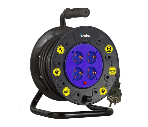 Удлинитель на катушке MERLION 2х1,5, 20 м, 16А, 220В, 4xSCHUKO socket, кабель нг-LS, Q4 Полтава - изображение 1