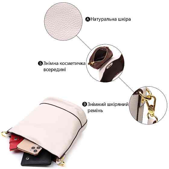 Компактна сумка жіноча з автономною косметичкою всередині з натуральної шкіри Vintage 22365 Біла Київ