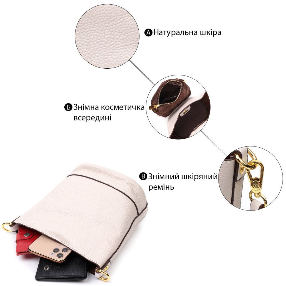 Компактна сумка жіноча з автономною косметичкою всередині з натуральної шкіри Vintage 22365 Біла Київ - фото 4
