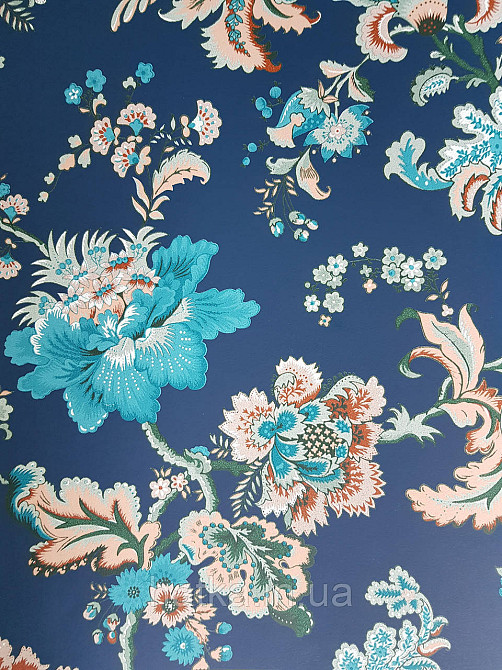 Шпалери флізелінові еко Rasch Sophia 0.53х10 рослинний принт квіти листя бірюзові коричневі на темно-синьому Київ - фото 2