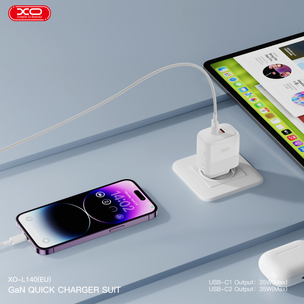 Мережевий зарядний пристрій XO L140 Dual C35W 2USB-C білий Львів - фото 4