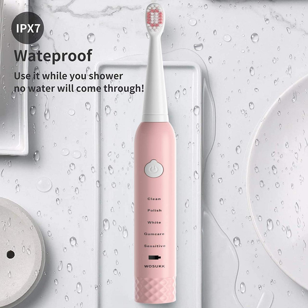 Звукова електрична зубна щітка WOSUKK Sonicare 2-in-1 Pink — Акумуляторна щітка на 5 режимів + 4 насадки Київ - фото 7