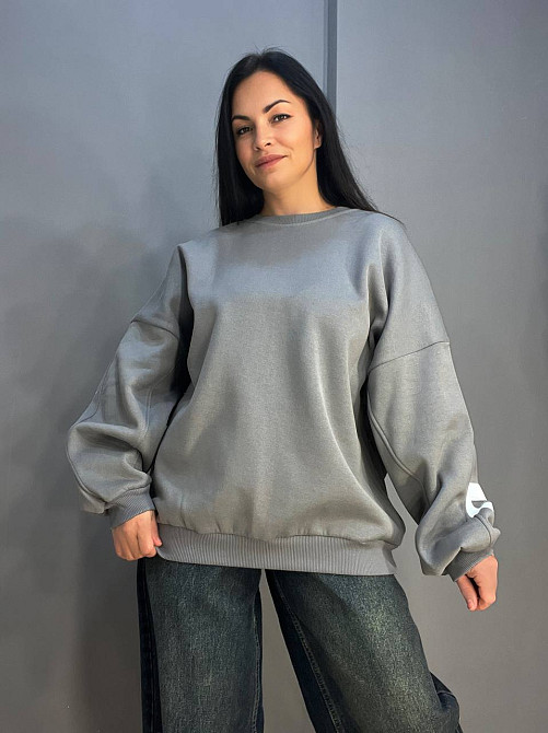 Світшот жіночий DAVRAS 6000 оверсайз подовжений напис на спині PLEASED утеплений на флісі one size, сірий, one size Київ - фото 14