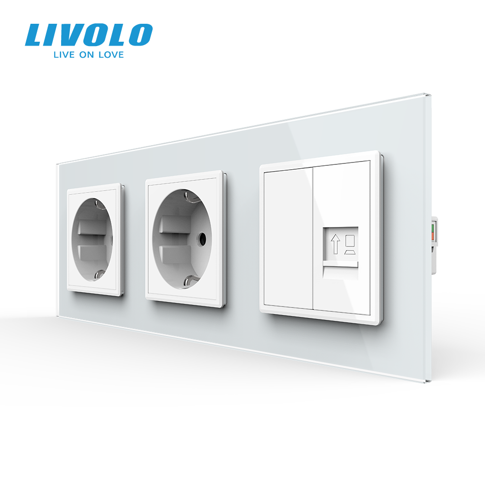 LIVOLO Розетка тримісна комбінована Силова Інтернет Livolo білий скло (VL-C7C2EU1CK0-11) Коломия - фото 1