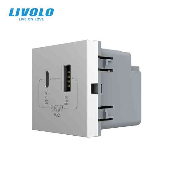 Розетка LIVOLO USB-A + USB-C PD 36Вт, сіра, швидке заряджання, Power Delivery QC 3.0, модуль (VL-FCUA18W.UC18W-2IP) Коломыя