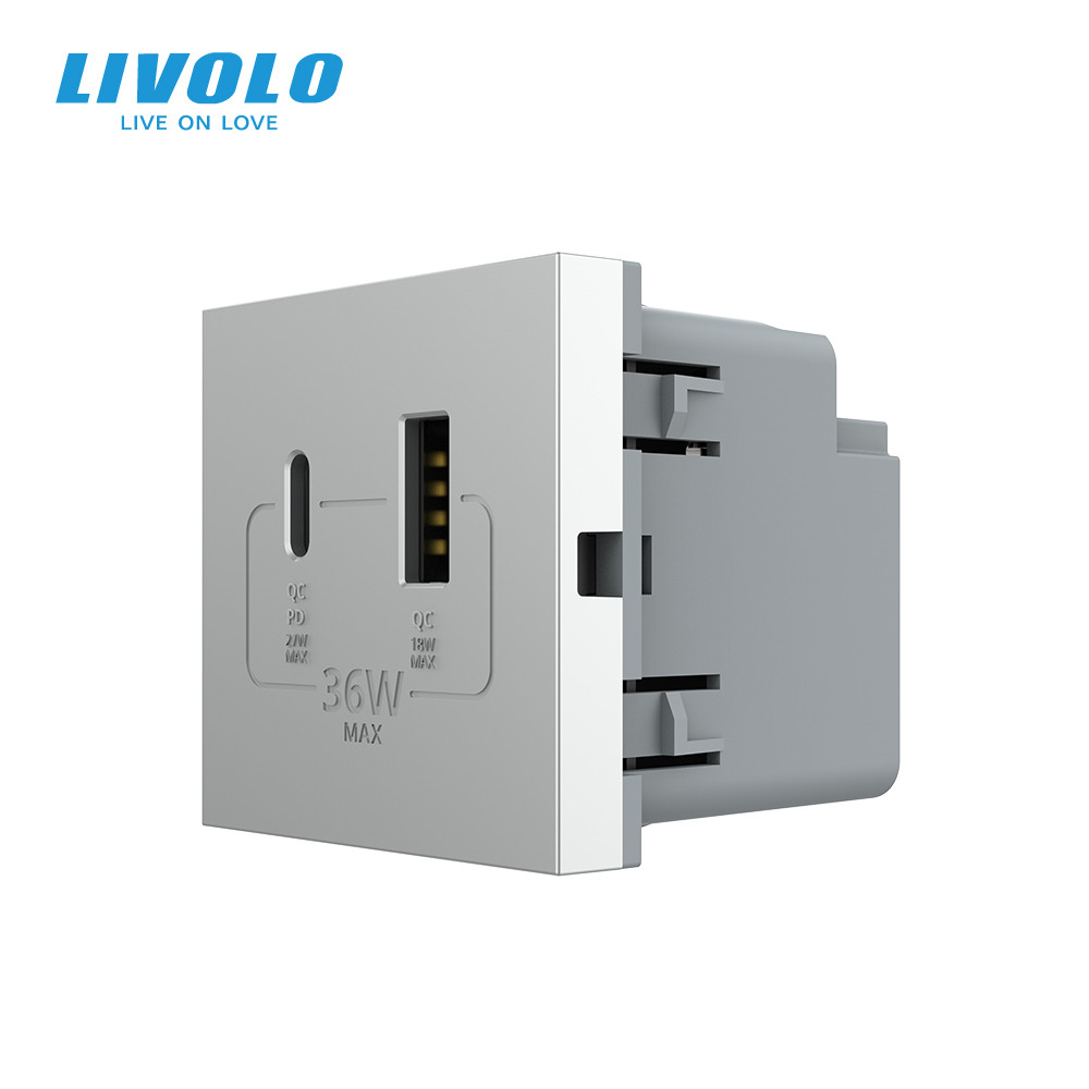 Розетка LIVOLO USB-A + USB-C PD 36Вт, сіра, швидке заряджання, Power Delivery QC 3.0, модуль (VL-FCUA18W.UC18W-2IP) Коломыя - изображение 1