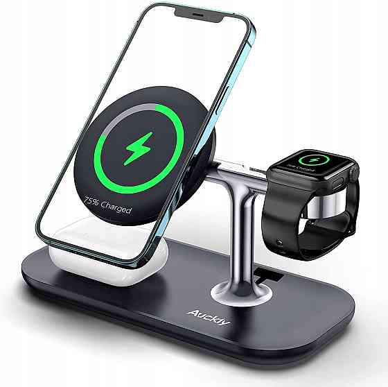 Бездротова магнітна док-станція Auckly A7 3-в-1 з MagSafe 15W для iPhone, AirPods та Apple Watch, швидка зарядка, чорна Київ