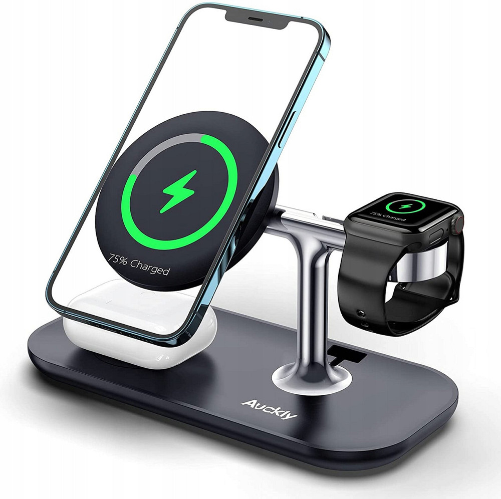 Бездротова магнітна док-станція Auckly A7 3-в-1 з MagSafe 15W для iPhone, AirPods та Apple Watch, швидка зарядка, чорна Київ - фото 2