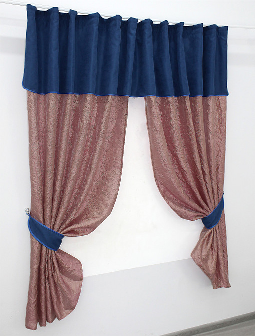 Кухонные шторы VR-Textil № 073к с ламбрекеном и подхватами розово-золотистый с синим 290х170 см (52-0377) Киев - изображение 2