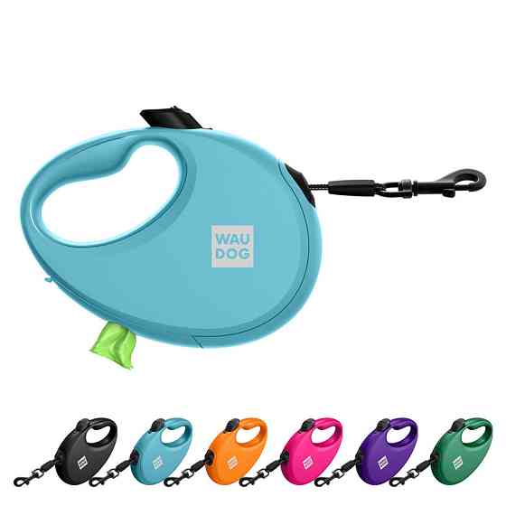 Поводок-рулетка для собак WAUDOG R-leash с контейнером для пакетов, светоотражающая лента, L, до 40 кг, 5 м, голубой Киев