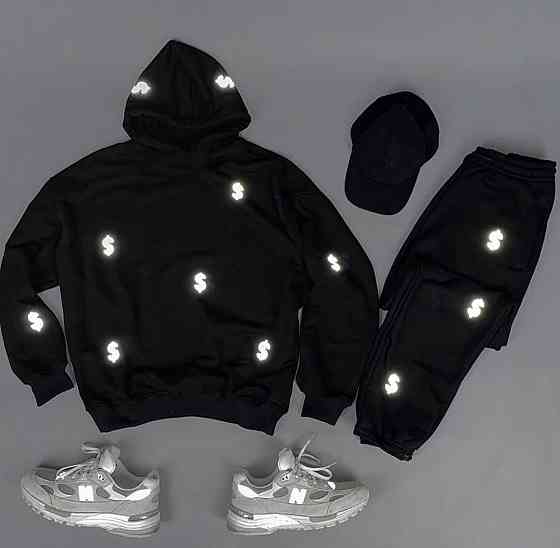 Спортивний костюм унісекс — худі + штани зі світловідбивним принтом доларів. S, Бежевий Чернівці