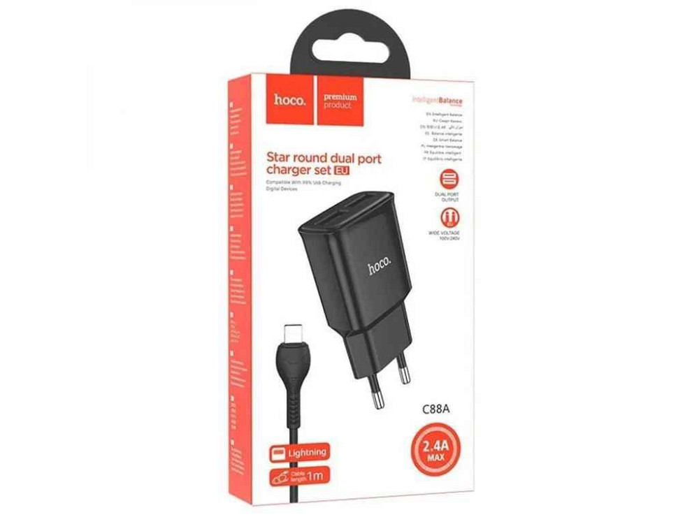 Сетевое зарядное устройство для iPhone Lightning C88A 2.4A/2USB черный 1м ТМ HOCO Киев - изображение 1