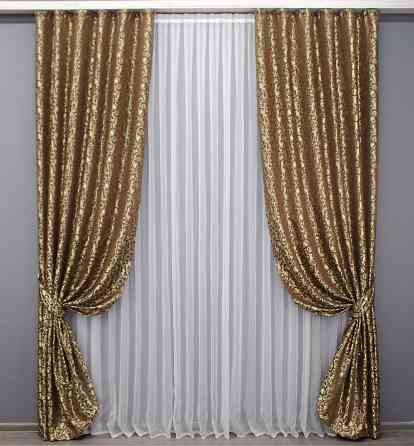 Комплект готовых штор VR-Textil Жаккард № 1587ш Коричневый с золотистым 140х270 см 2 шт (33-0548) Киев