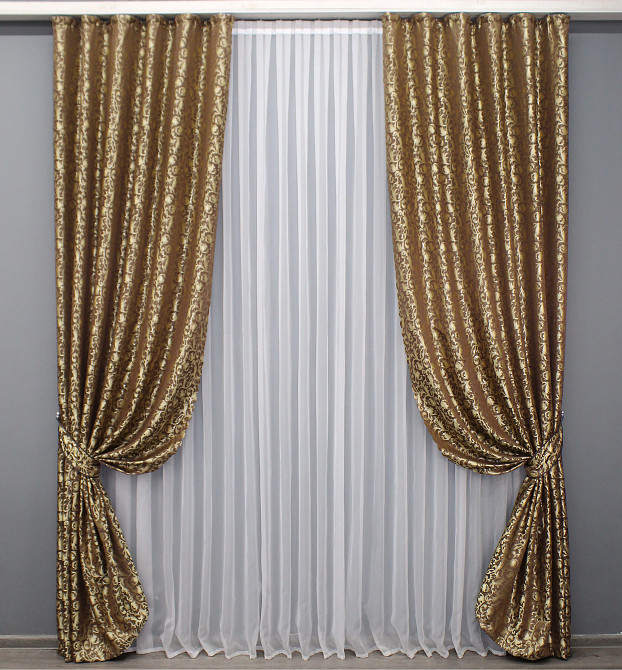 Комплект готовых штор VR-Textil Жаккард № 1587ш Коричневый с золотистым 140х270 см 2 шт (33-0548) Киев - изображение 2