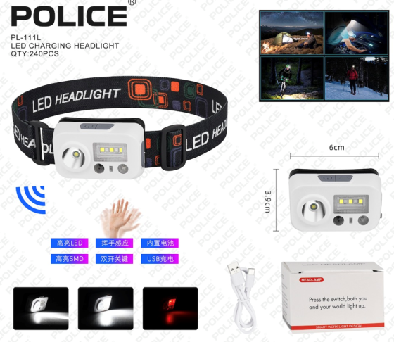 Налобний ліхтар Bailong PL-111L, red+white, Type-C, Sensor Дніпро