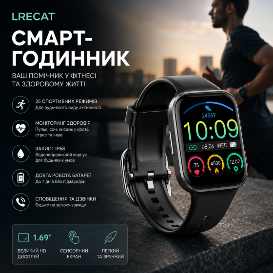 Смарт-годинник Lrecat 1.69", фітнес-трекер з 25 спортивними режимами та моніторингом здоров'я, IP68 Київ