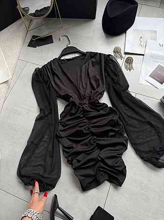 Женское драпированное черное мини платье микродайвинг + сетка Одесса