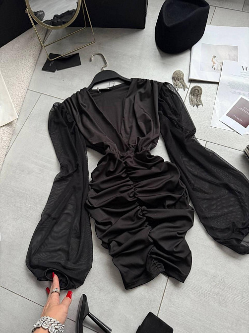 Жіноча драпірована чорна міні сукня мікродайвінг + сітка Одеса - фото 4