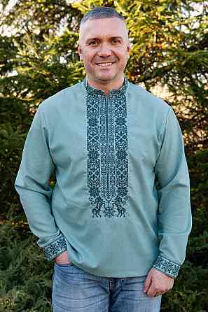 Вышиванка льняная мужская, длинный рукав, цвет полынь, топ 52/54 Киев