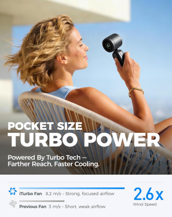 Портативний турбовентилятор Diveblues iTurbo 3-в-1, 8,2 м/с, 5 швидкостей, LED-дисплей, складаний, 125 г, чорний Київ