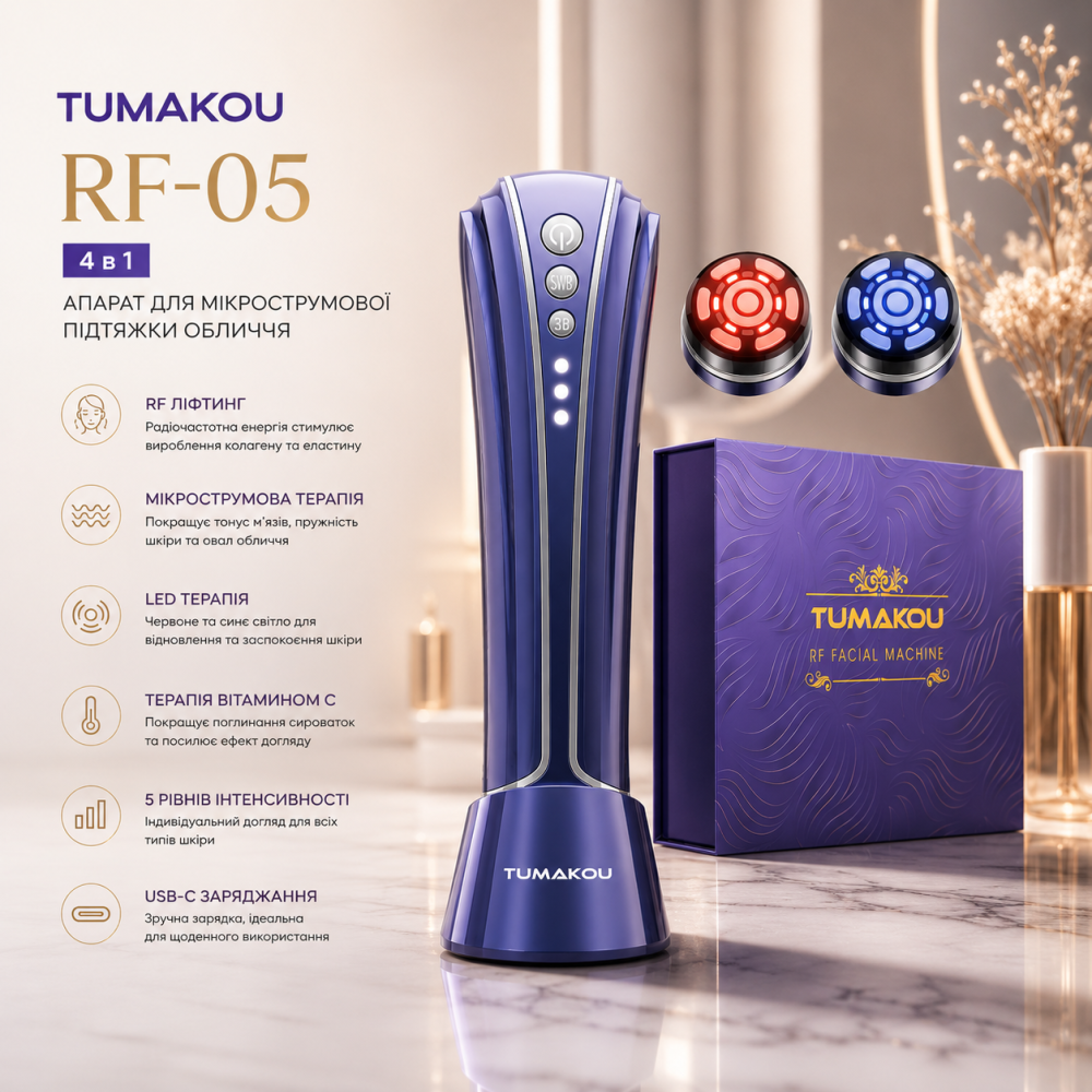 Апарат для мікрострумової підтяжки обличчя TUMAKOU 4 в 1 RF-05 Радіочастотний ліфтинг масажер терапія Фіолетовий Київ - фото 7