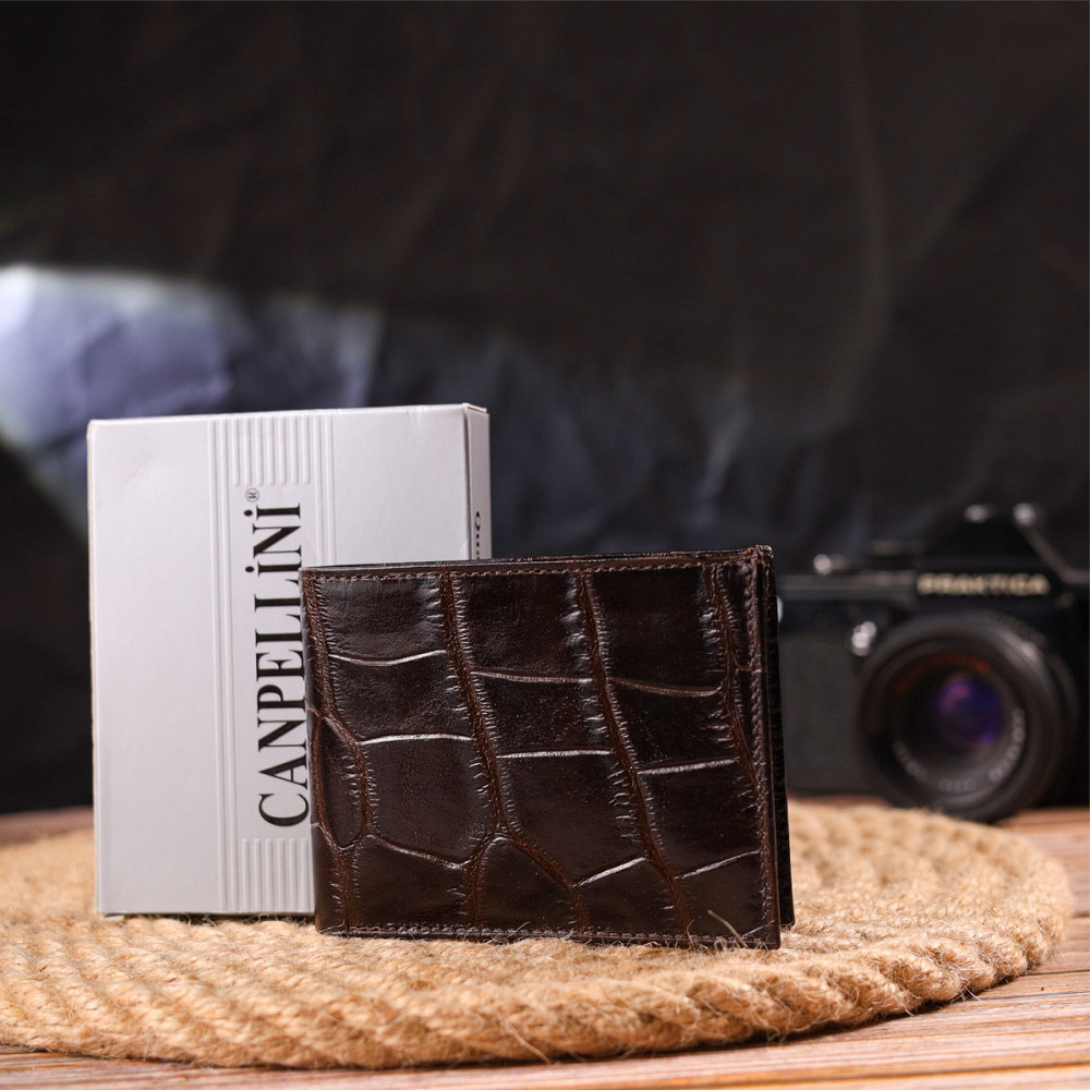 Миниатюрное мужское портмоне из натуральной фактурной кожи Коричневое (CANPELLINI) Киев - изображение 4