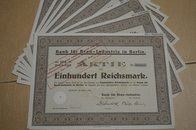 Акція. Німеччина. Bank fur Brau-Industrie in Berlin --100reichmark 1933 рік aUNC-UNC (5 - 8) Полтава - фото 1