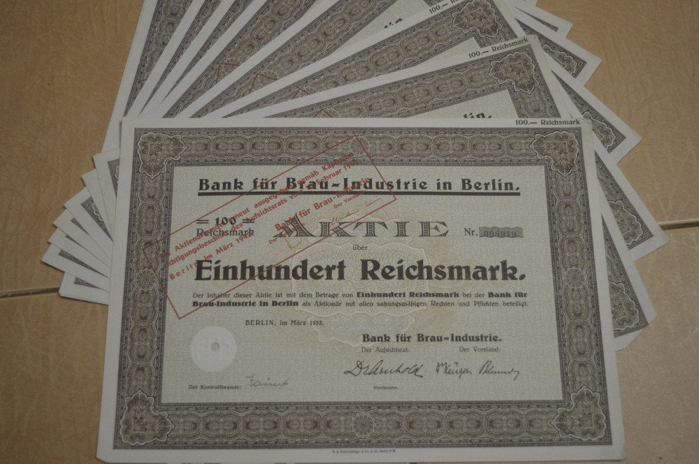 Акция. Германия. Bank fur Brau-Industrie in Berlin --100reichmark 1933 год aUNC-UNC (5 - 8) Полтава - изображение 1