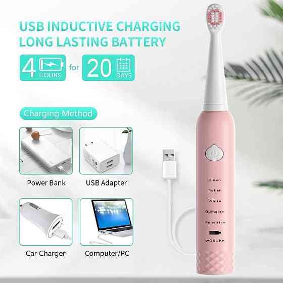 Звукова електрична зубна щітка WOSUKK Sonicare 2-in-1 Pink — Акумуляторна щітка на 5 режимів + 4 насадки Київ