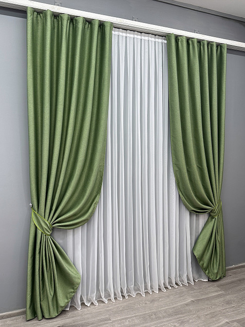 Комплект готовых штор VR-Textil Шенилл однотонный № 1684ш Зеленый 150х270 см 2 шт (33-0588) Киев - изображение 3