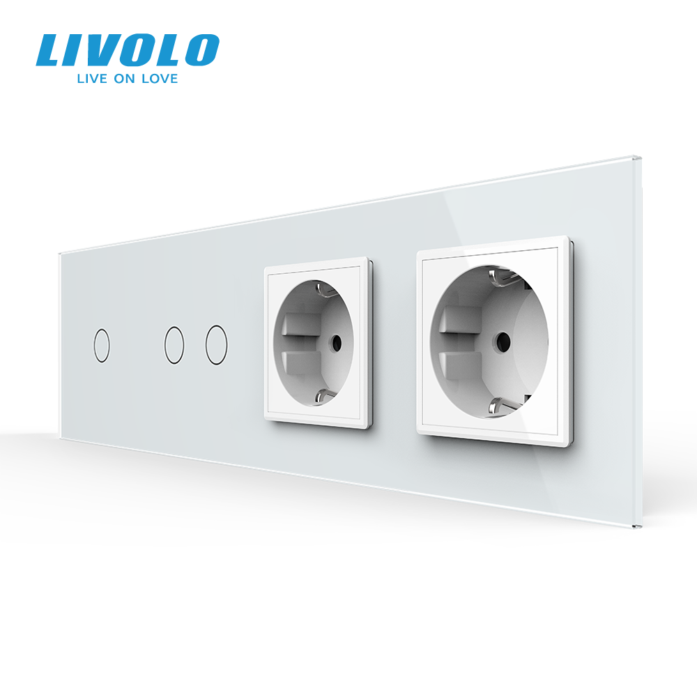 Сенсорний вимикач 3 сенсора (1-2) 2 розетки Livolo білий скло (VL-C701/C702/C7C2EU-11) Коломия - фото 1