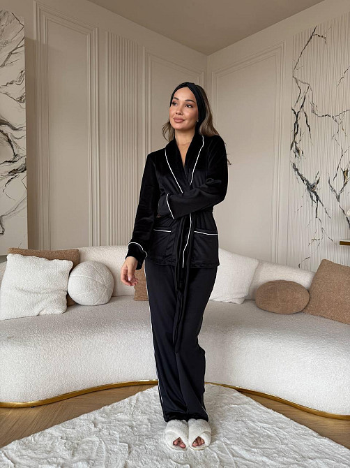 Жіноча затишна піжама: халат-кімоно, штани + пов'язка на голову велюр Одеса - фото 8