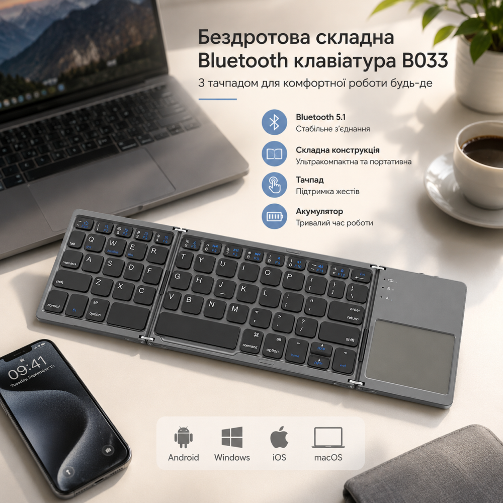 Бездротова складна Bluetooth клавіатура B033 з тачпадом, для Android, Windows, iOS, ультракомпактна, сіра Київ - фото 11