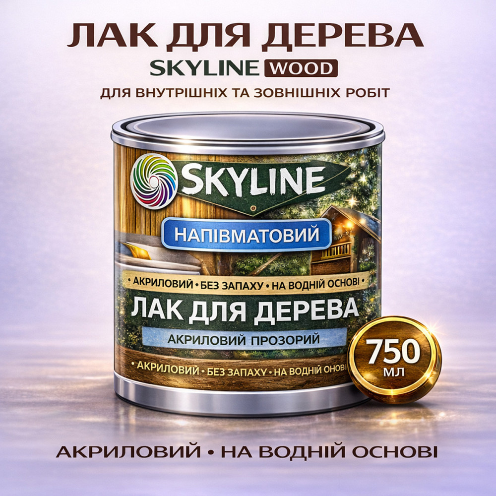 Лак для дерева Skyline напівматовий акриловий прозорий без запаху для внутрішніх та зовнішніх робіт 750 мл Харків - фото 1