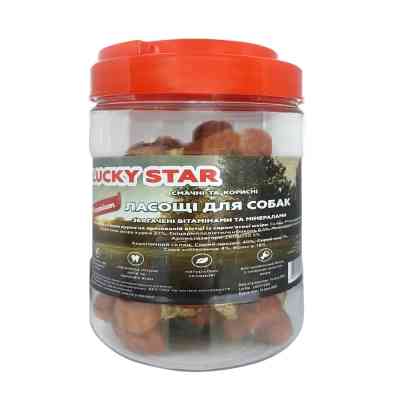 Ласощі для собак Lucky Star Гантельки з м'ясом курки на пресованій кістці з сиром'ятної шкіри в тубі 500 г (4820112458348) Вінниця