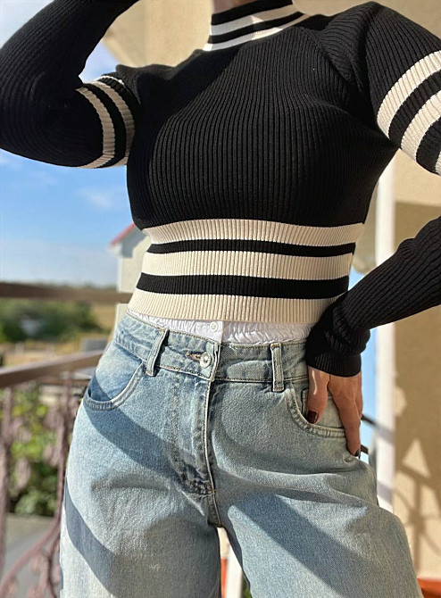 Свитер гольф женский MIX RAY 6728 полоса кроп-топ короткий, черный, one size Киев - изображение 11