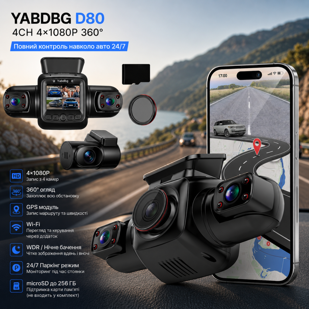 Видеорегистратор Yabdbg D80 4CH 4×1080P, 360°, GPS, Wi-Fi, WDR, ночное видение, 24/7 парковка, до 256 ГБ Киев - изображение 1