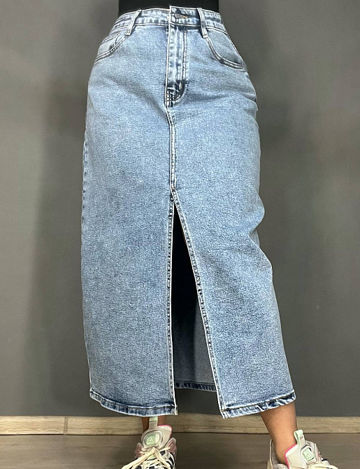 Спідниця жіноча джинсова Moss 505 довга великі розміри з розрізом стрейч блакитна, блакитний, 31, 31, 85 см, 109 см Київ - фото 1