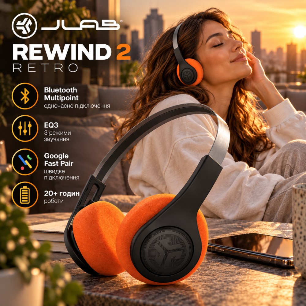 Бездротові накладні навушники JLab Rewind 2 Retro, Bluetooth Multipoint, EQ3, Google Fast Pair, 20+ годин, чорні Київ - фото 1
